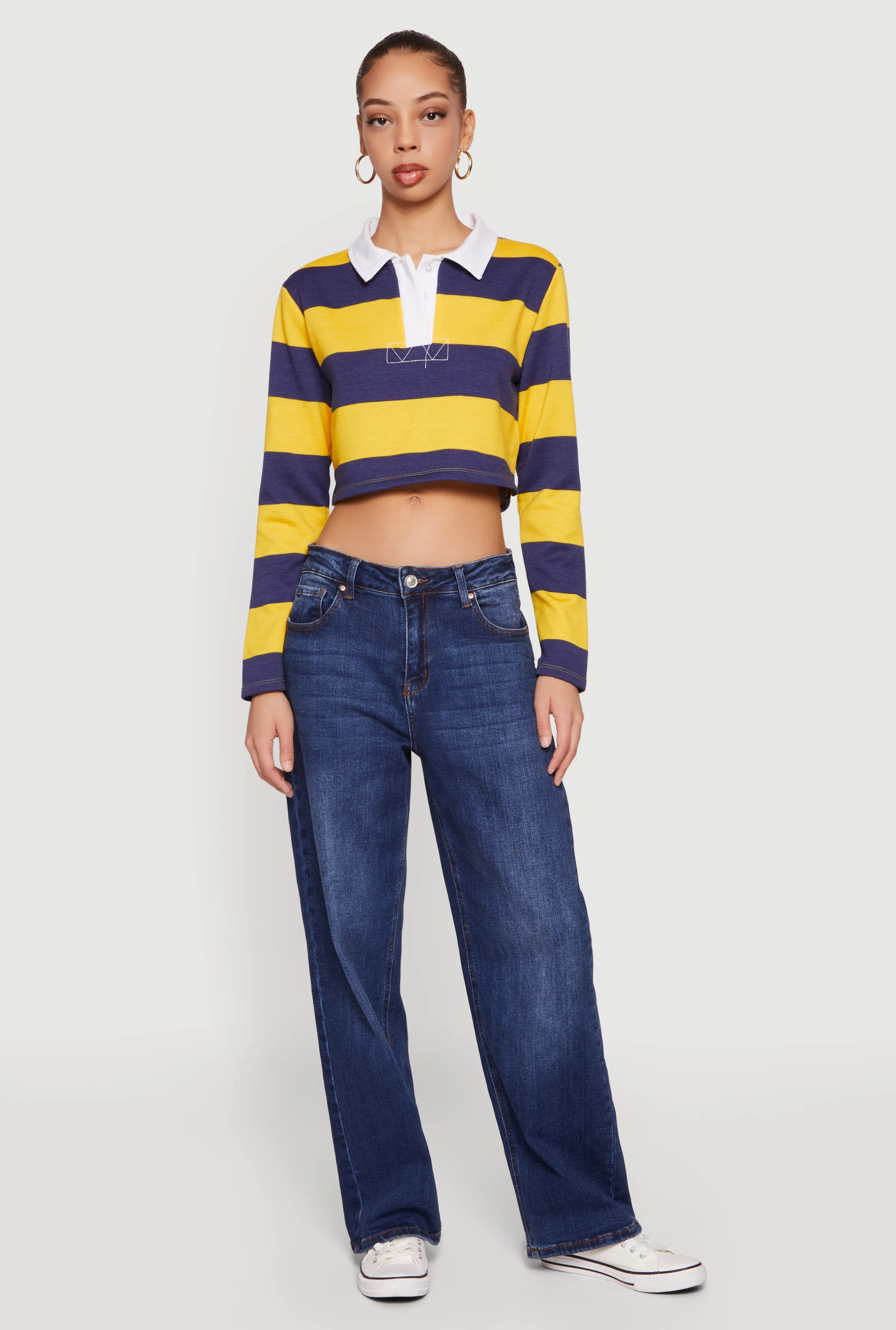 Almost Famous Striped Long Sleeve Cropped Polo Top sold by Rainbow