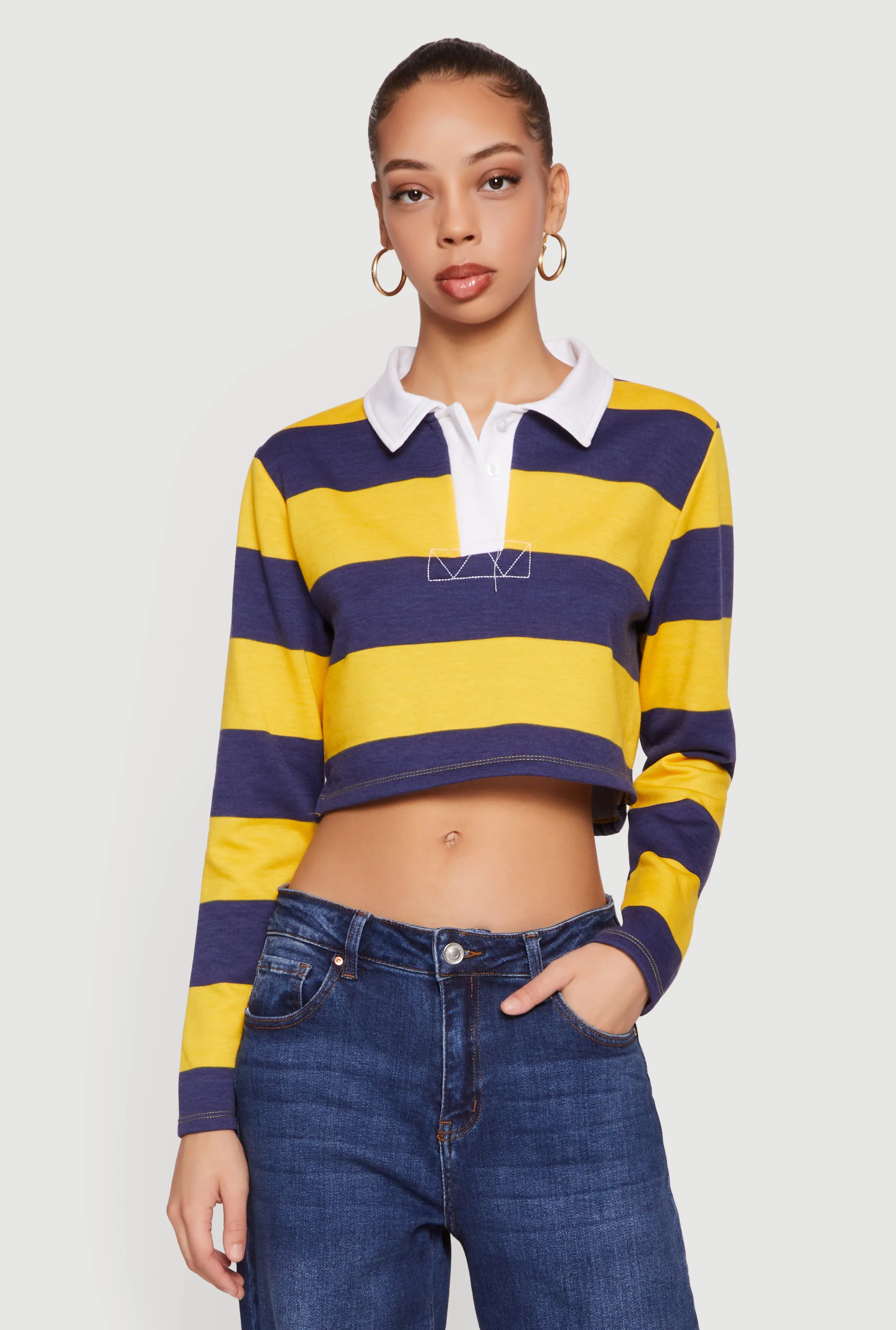 Almost Famous Striped Long Sleeve Cropped Polo Top sold by Rainbow product image thumbnail 2