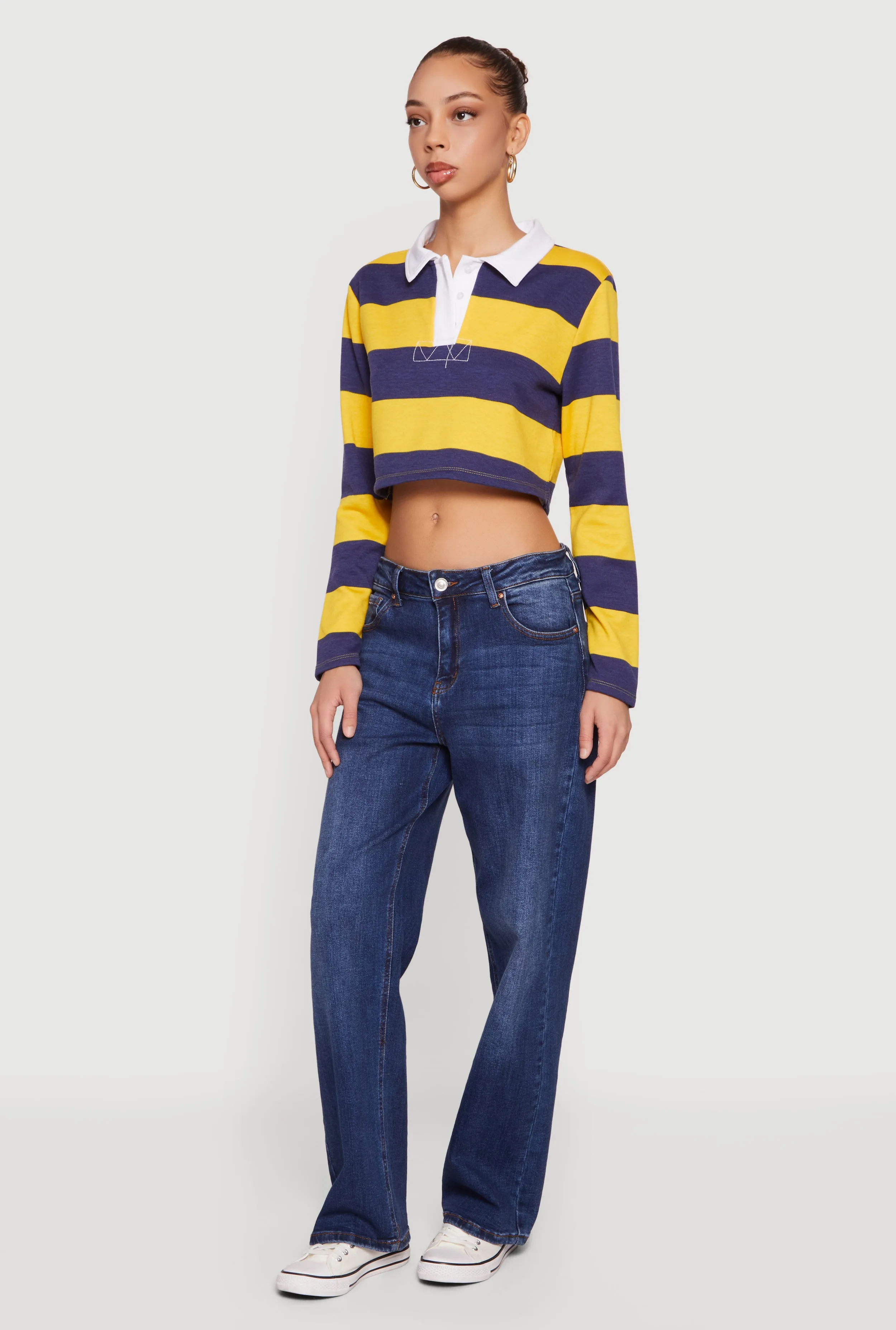 Almost Famous Striped Long Sleeve Cropped Polo Top sold by Rainbow product image thumbnail 3