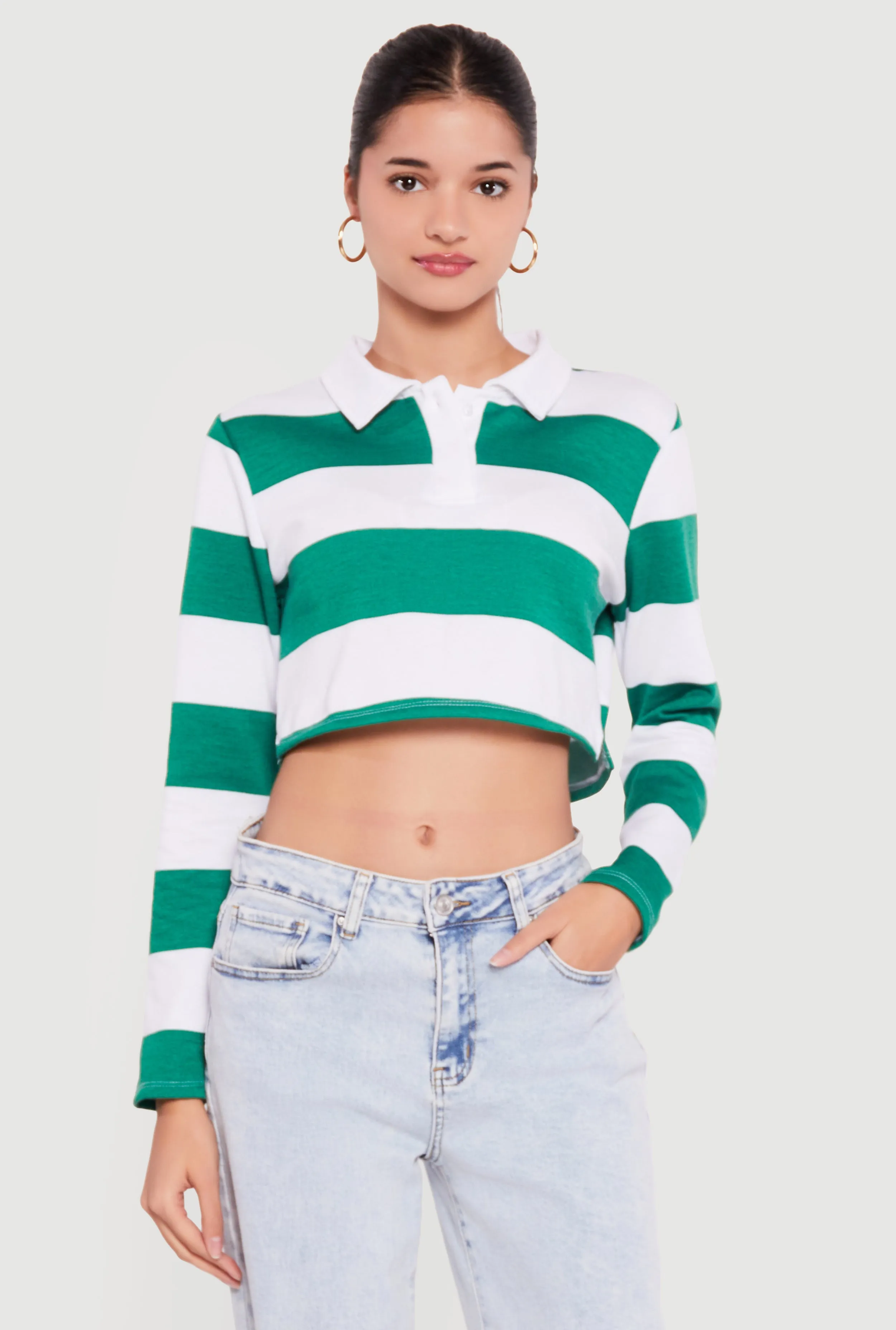 Almost Famous Striped Long Sleeve Cropped Polo Top sold by Rainbow product image thumbnail 2