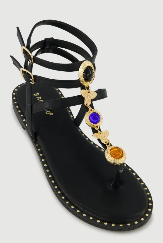 Charm Detail Double Ankle Strap Thong Sandals made by Rainbow