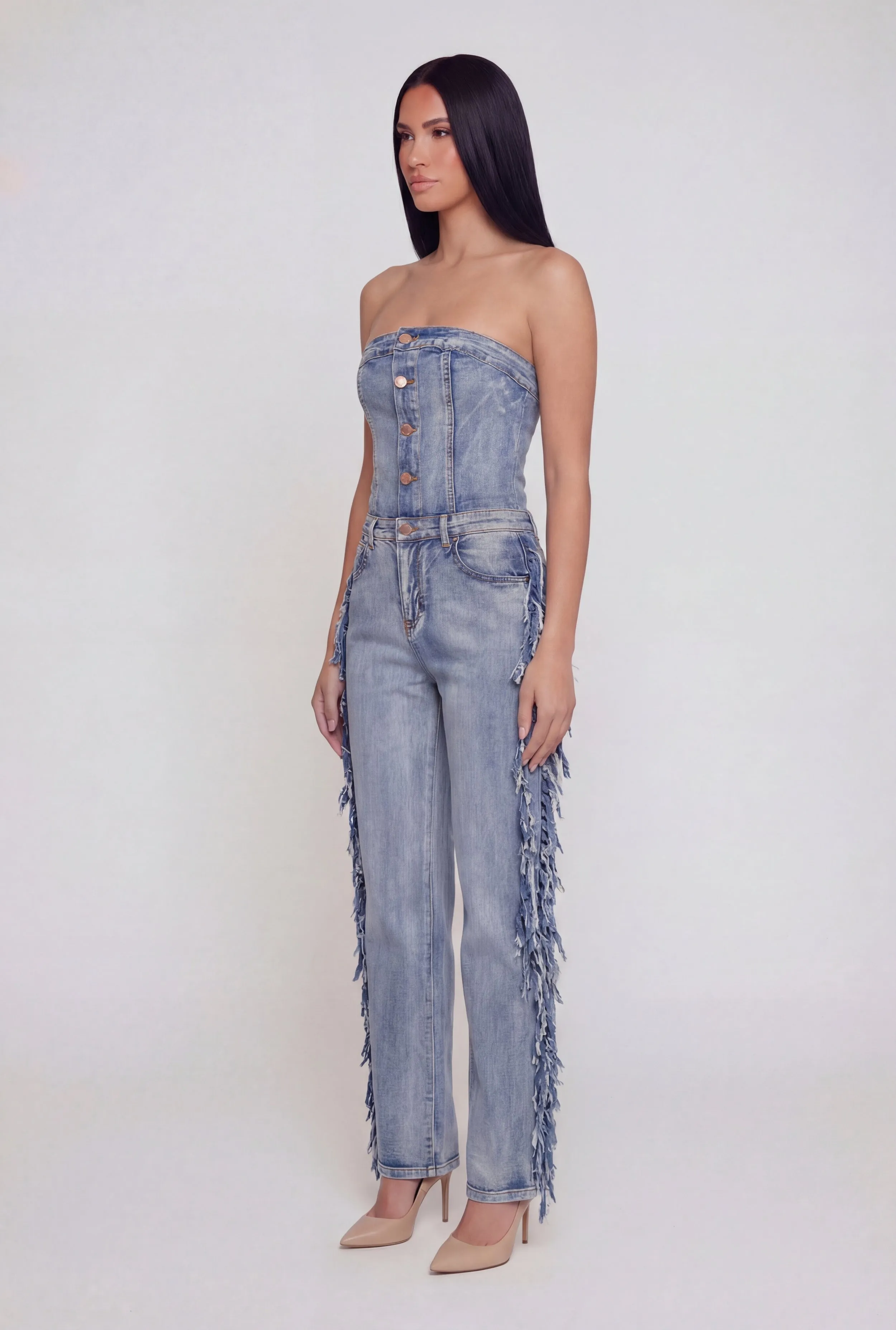 Acid Wash Denim Side Fringe Corset Tube Jumpsuit sold by Rainbow product image thumbnail 2