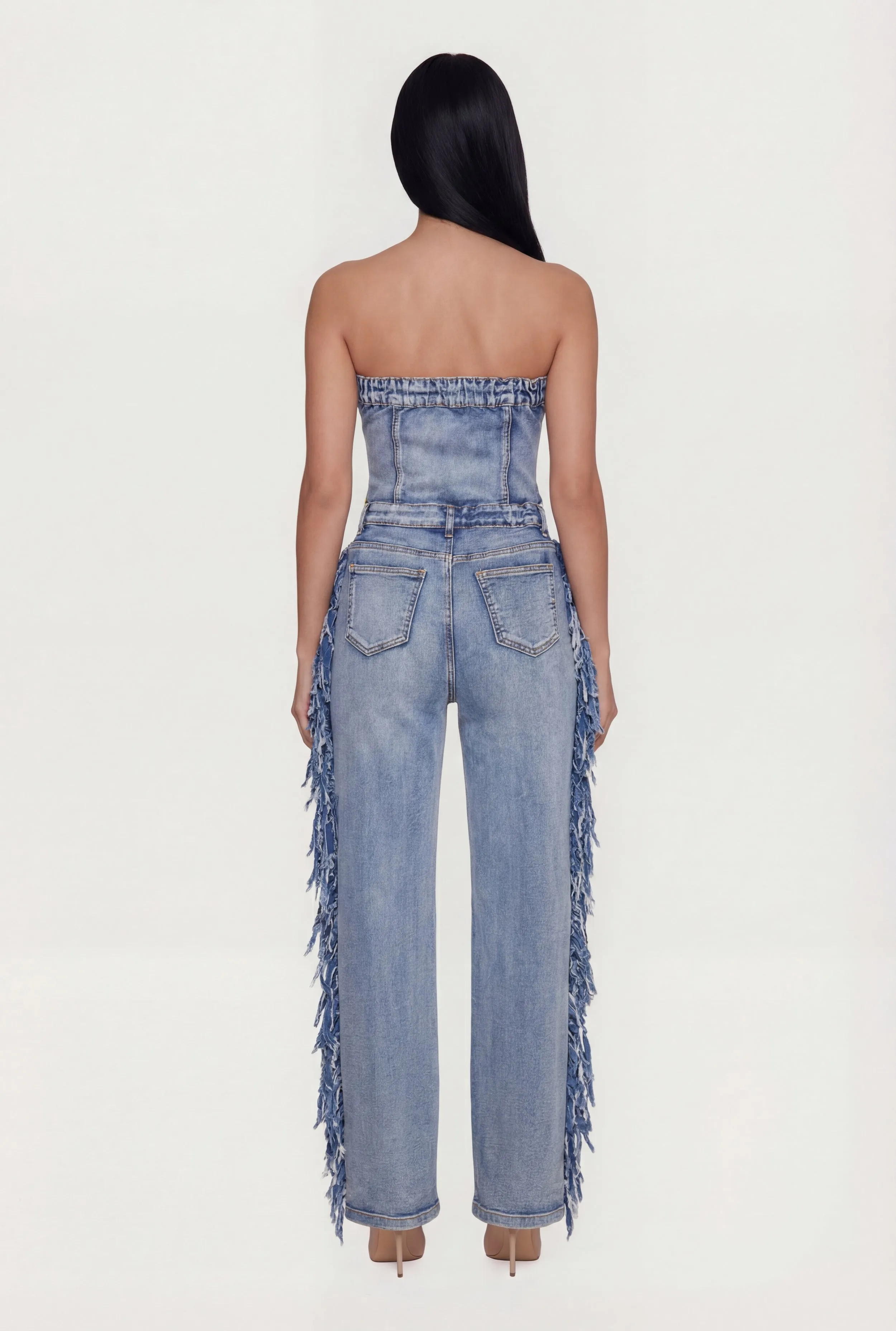 Acid Wash Denim Side Fringe Corset Tube Jumpsuit sold by Rainbow product image thumbnail 3