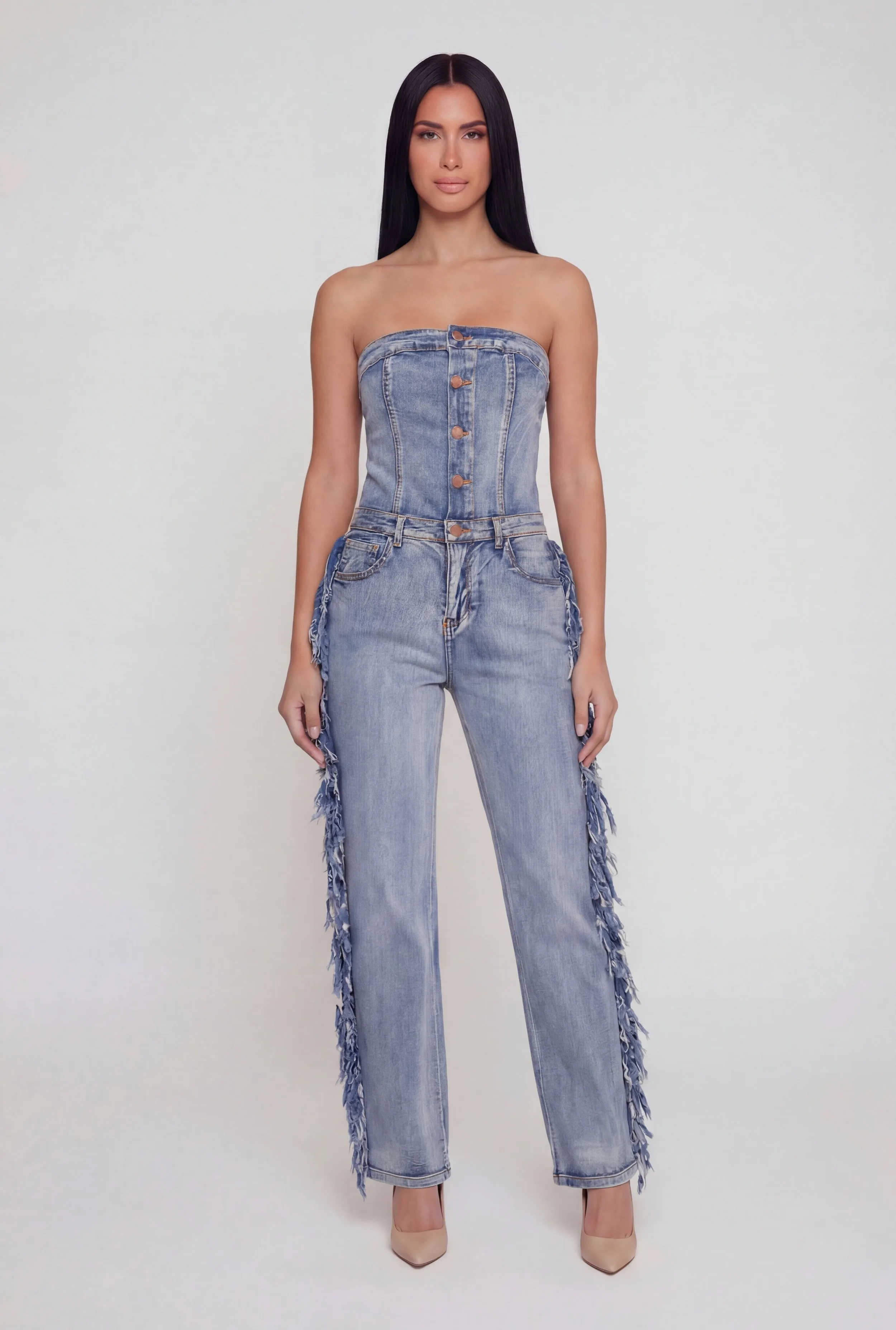 Acid Wash Denim Side Fringe Corset Tube Jumpsuit sold by Rainbow