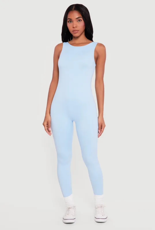 Solid Sleeveless Open Back Catsuit sold by Rainbow