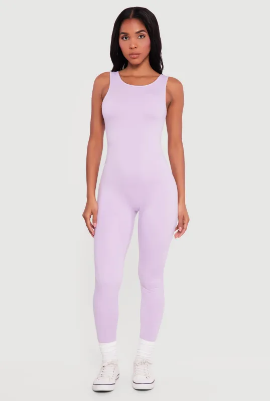 Solid Sleeveless Open Back Catsuit sold by Rainbow
