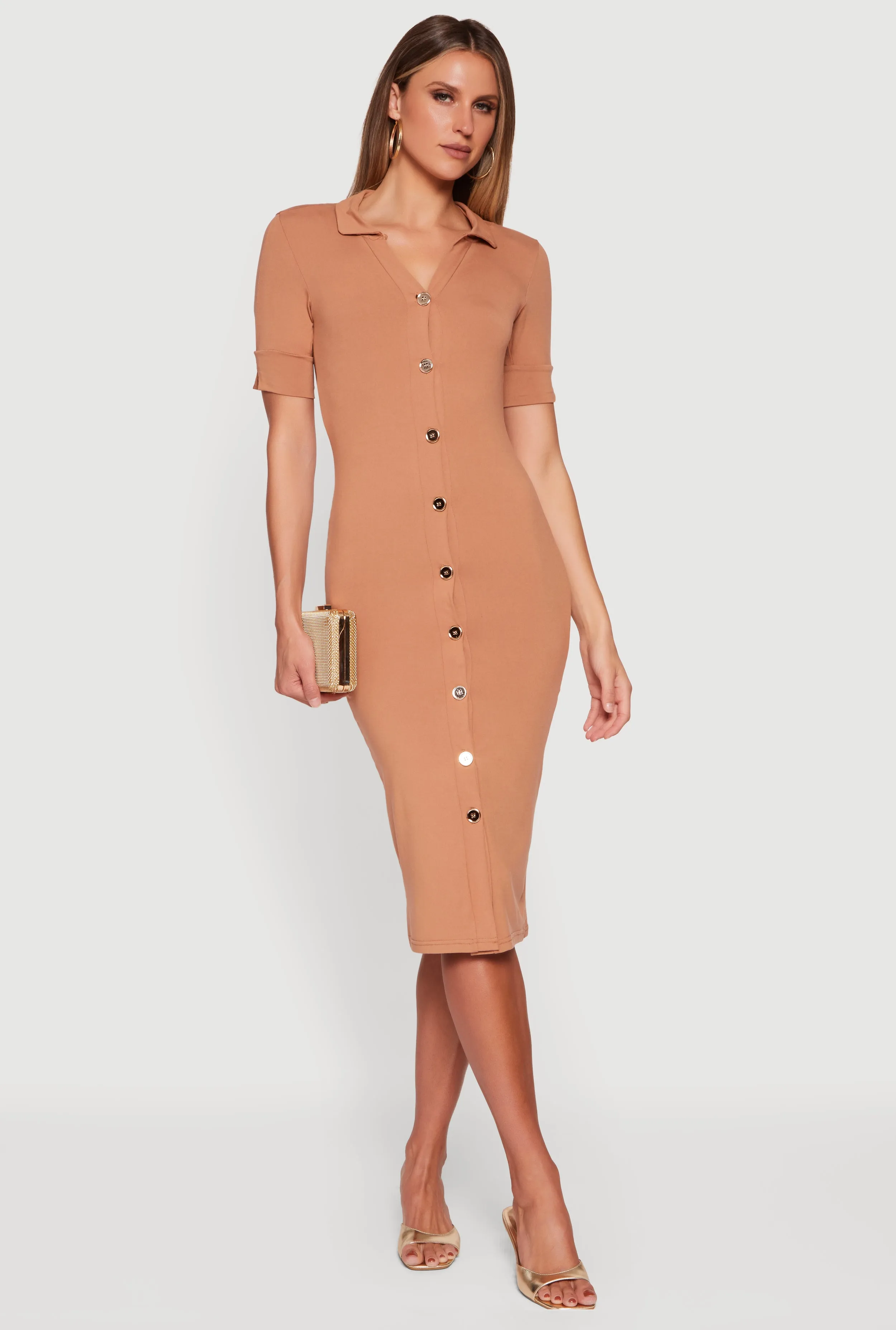 Short Sleeve Button Front Midi Dress sold by Rainbow