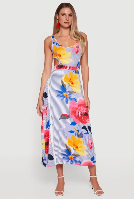 Cut Out Detail Pinstripe Floral Print Midi Dress sold by Rainbow