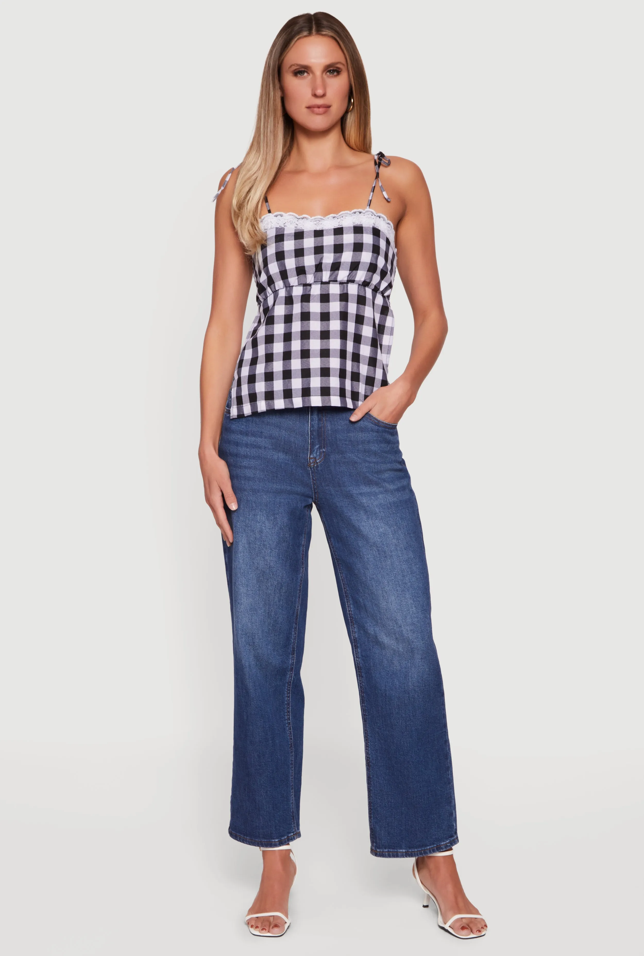 Gingham Tie Shoulder Open Back Cami sold by Rainbow