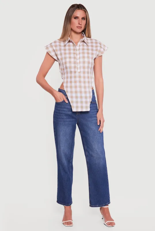 Gingham Cap Sleeve Open Tie Back Tunic Top made by Rainbow