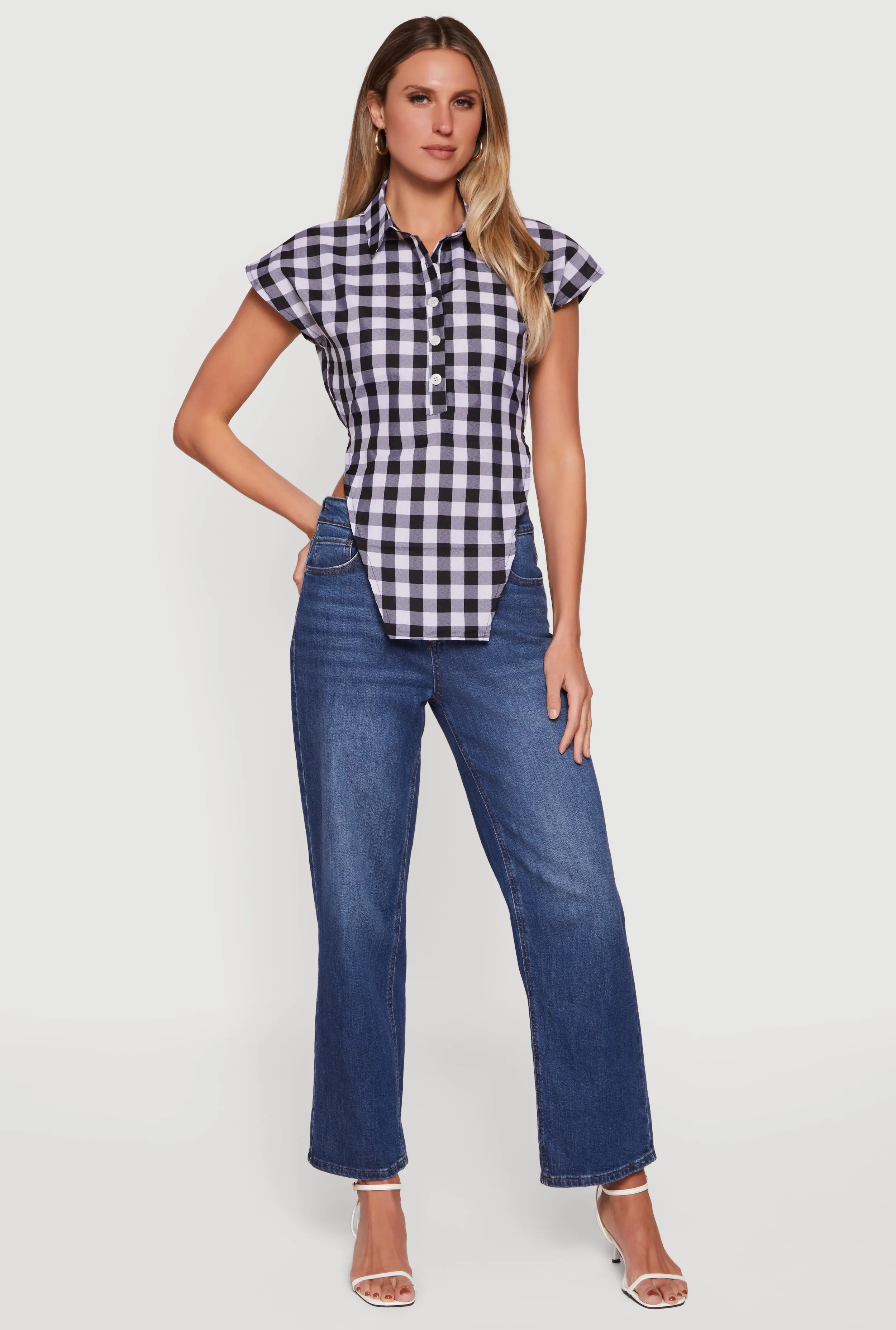Gingham Cap Sleeve Open Tie Back Tunic Top sold by Rainbow