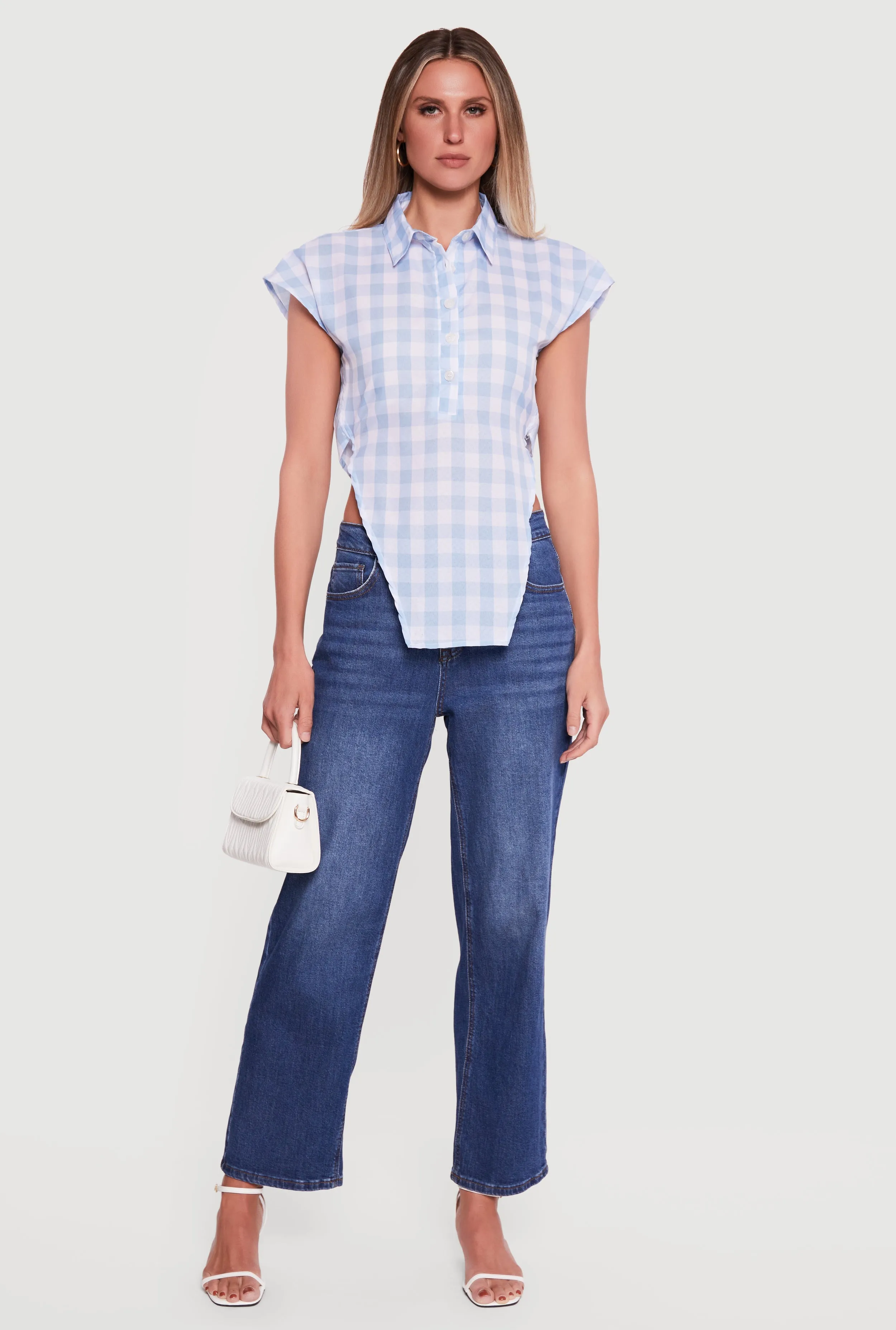 Gingham Cap Sleeve Open Tie Back Tunic Top sold by Rainbow