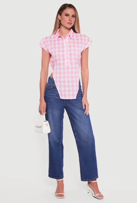 Gingham Cap Sleeve Open Tie Back Tunic Top sold by Rainbow