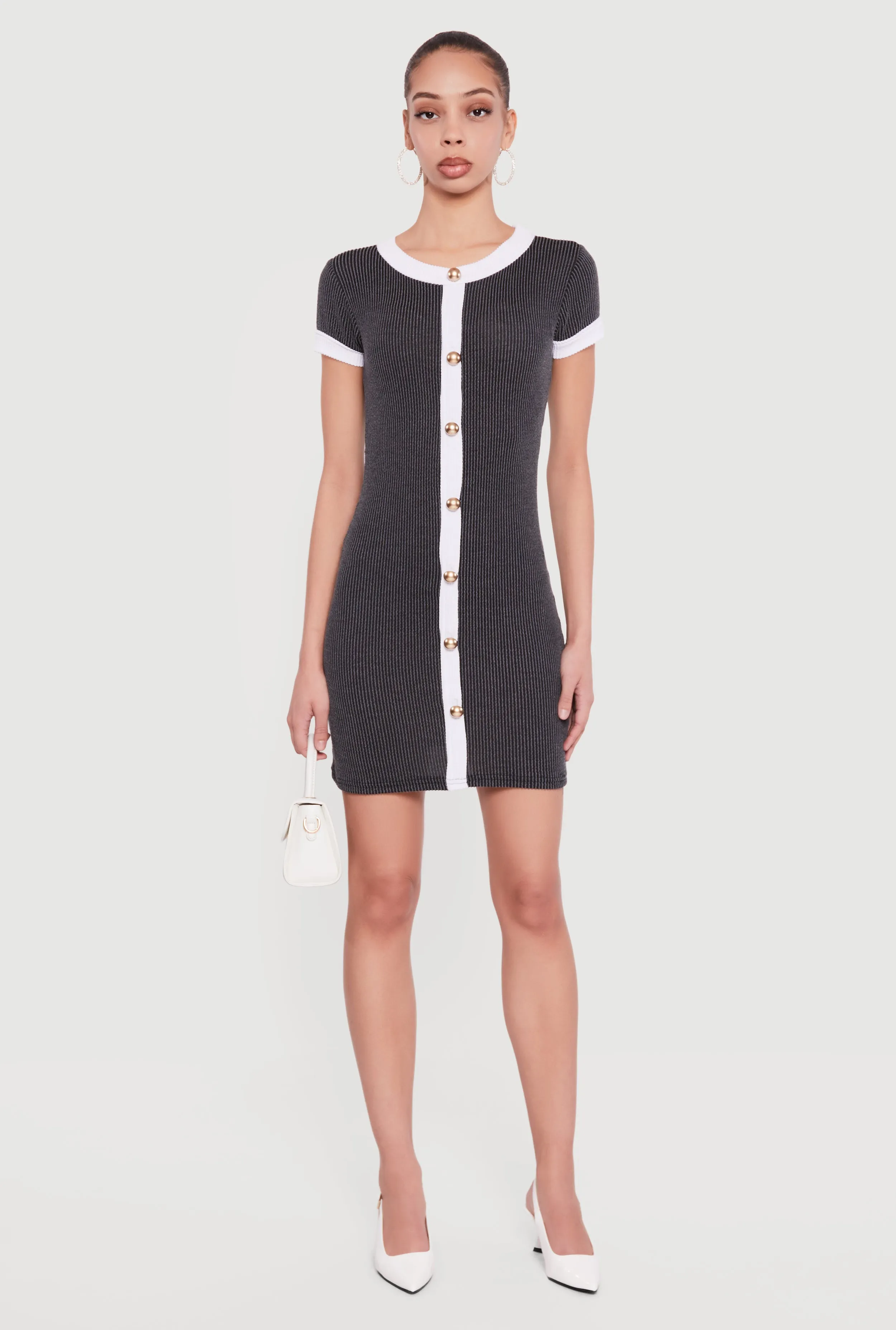 Contrast Trim Ribbed Knit Mini Dress with Faux Buttons sold by Rainbow