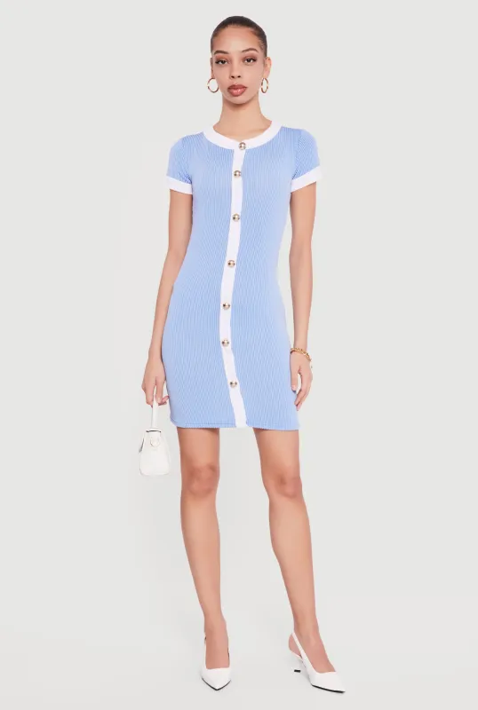 Contrast Trim Ribbed Knit Mini Dress with Faux Buttons sold by Rainbow
