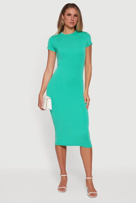 Ribbed Knit Short Sleeve Crew Neck Dress sold by Rainbow