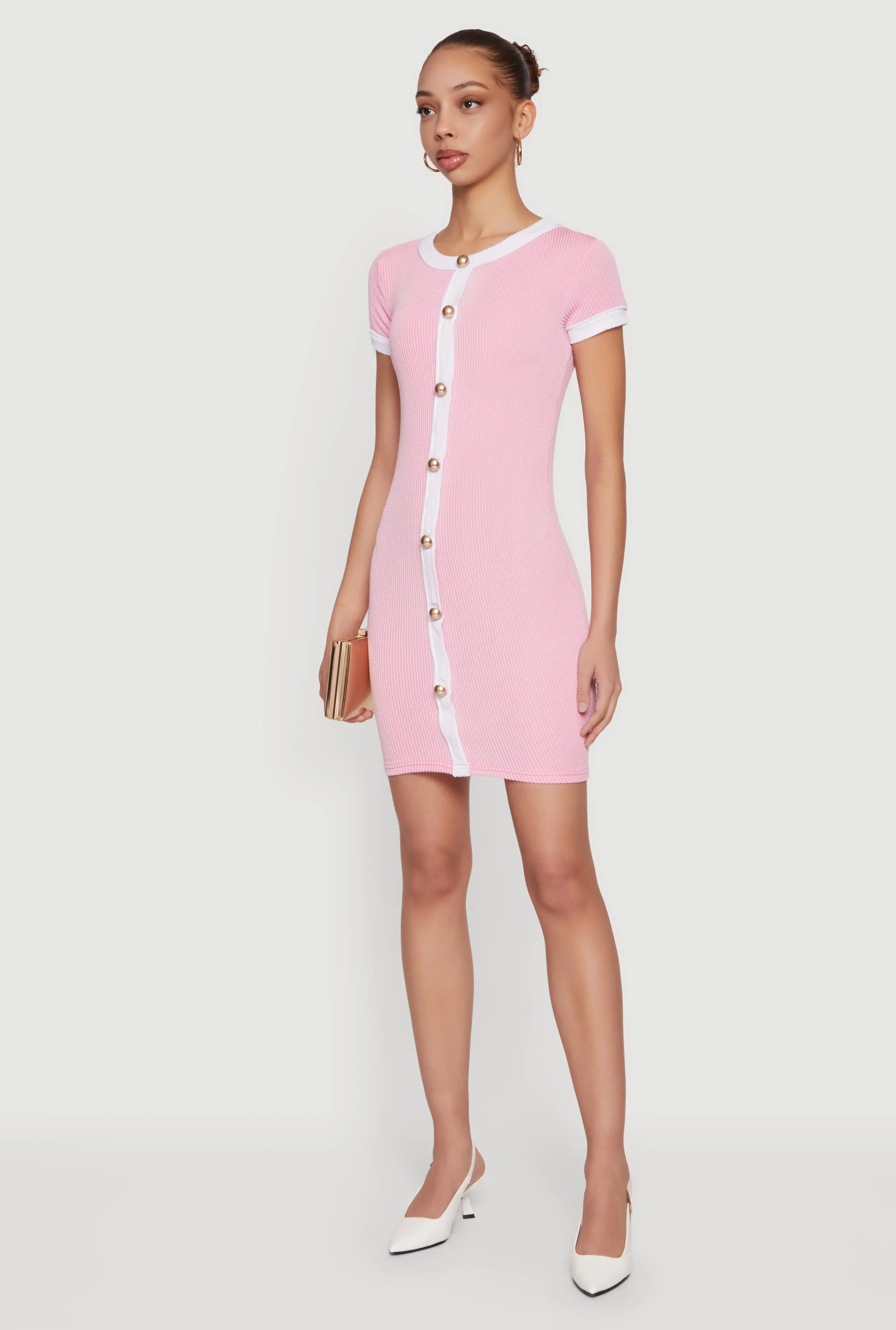 Contrast Trim Ribbed Knit Mini Dress with Faux Buttons sold by Rainbow product image thumbnail 2