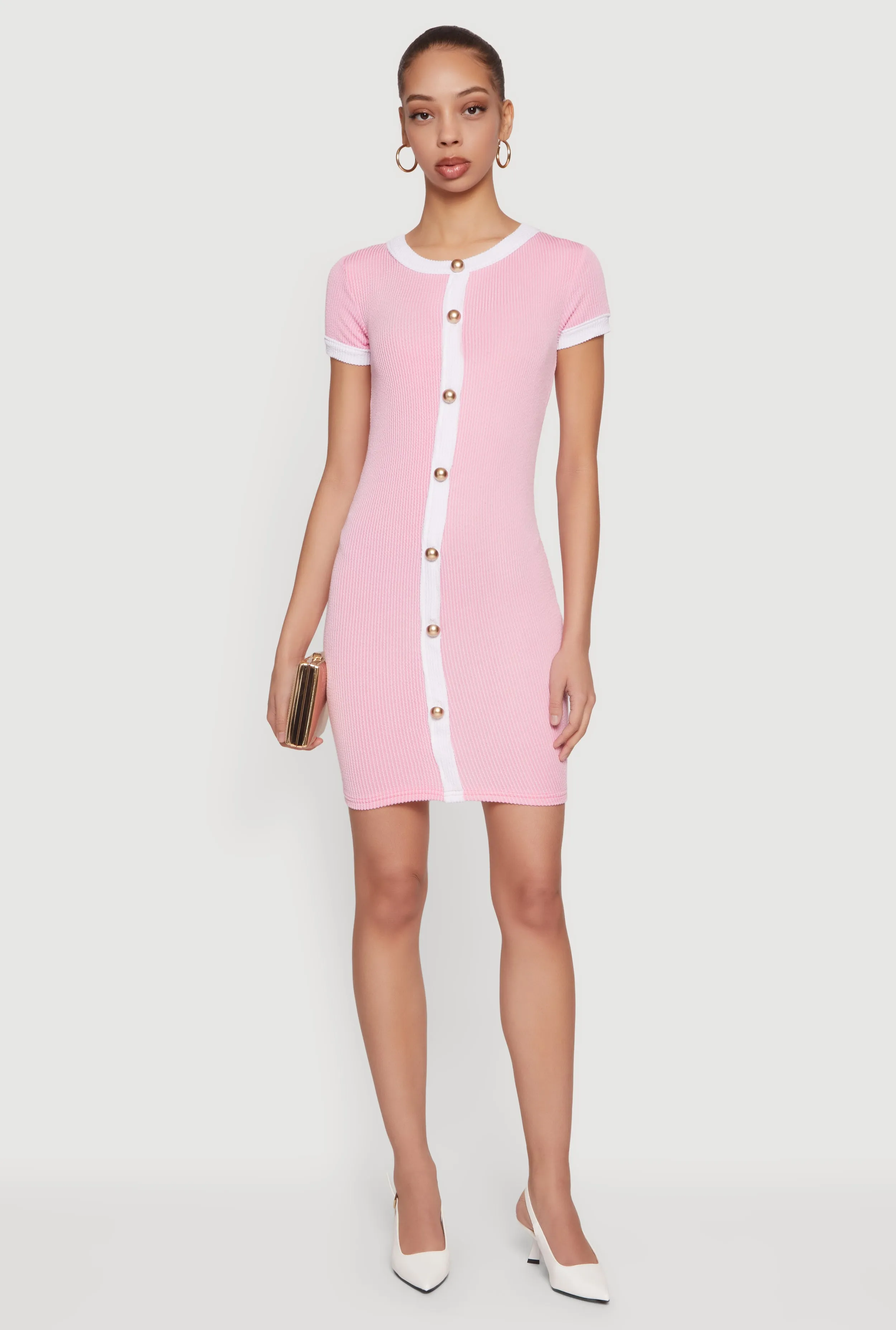 Contrast Trim Ribbed Knit Mini Dress with Faux Buttons sold by Rainbow