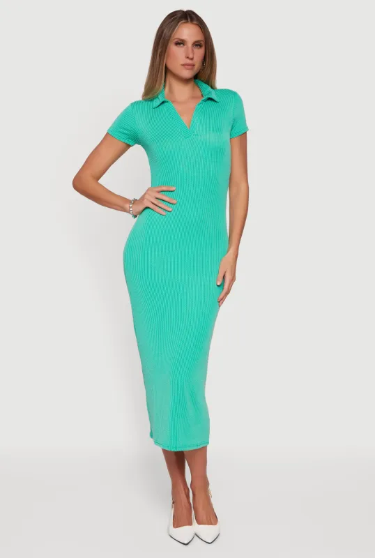 Ribbed Knit Johnny Collar Polo Dress sold by Rainbow