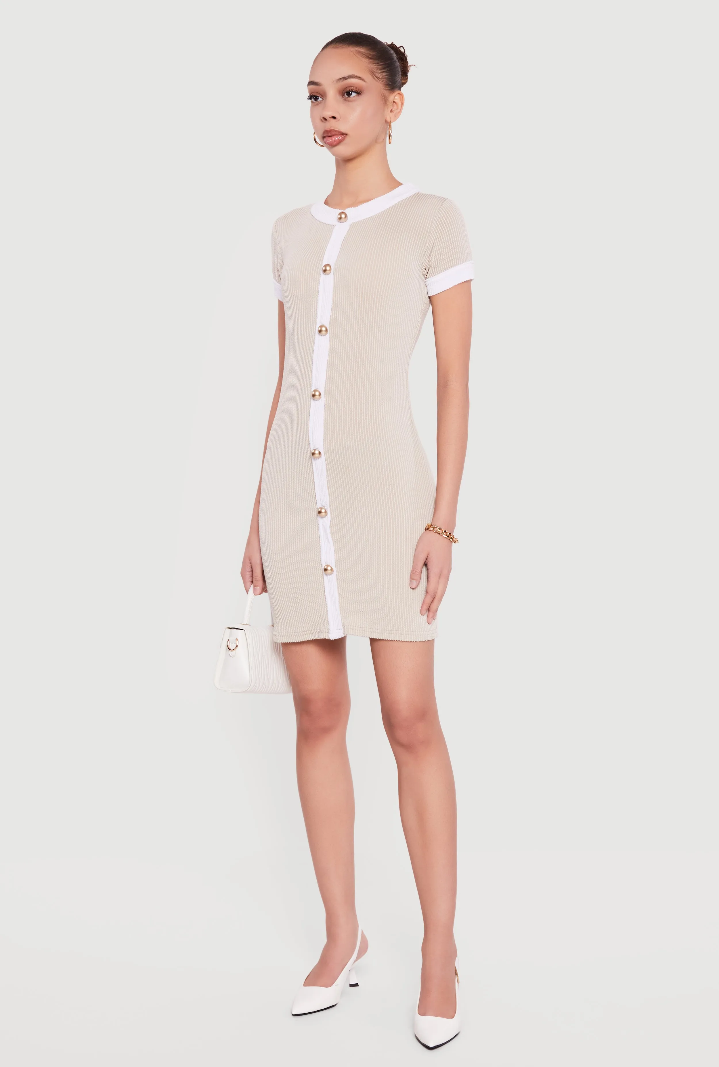 Contrast Trim Ribbed Knit Mini Dress with Faux Buttons sold by Rainbow product image thumbnail 2