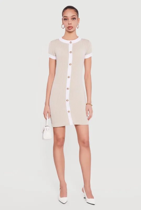 Contrast Trim Ribbed Knit Mini Dress with Faux Buttons sold by Rainbow