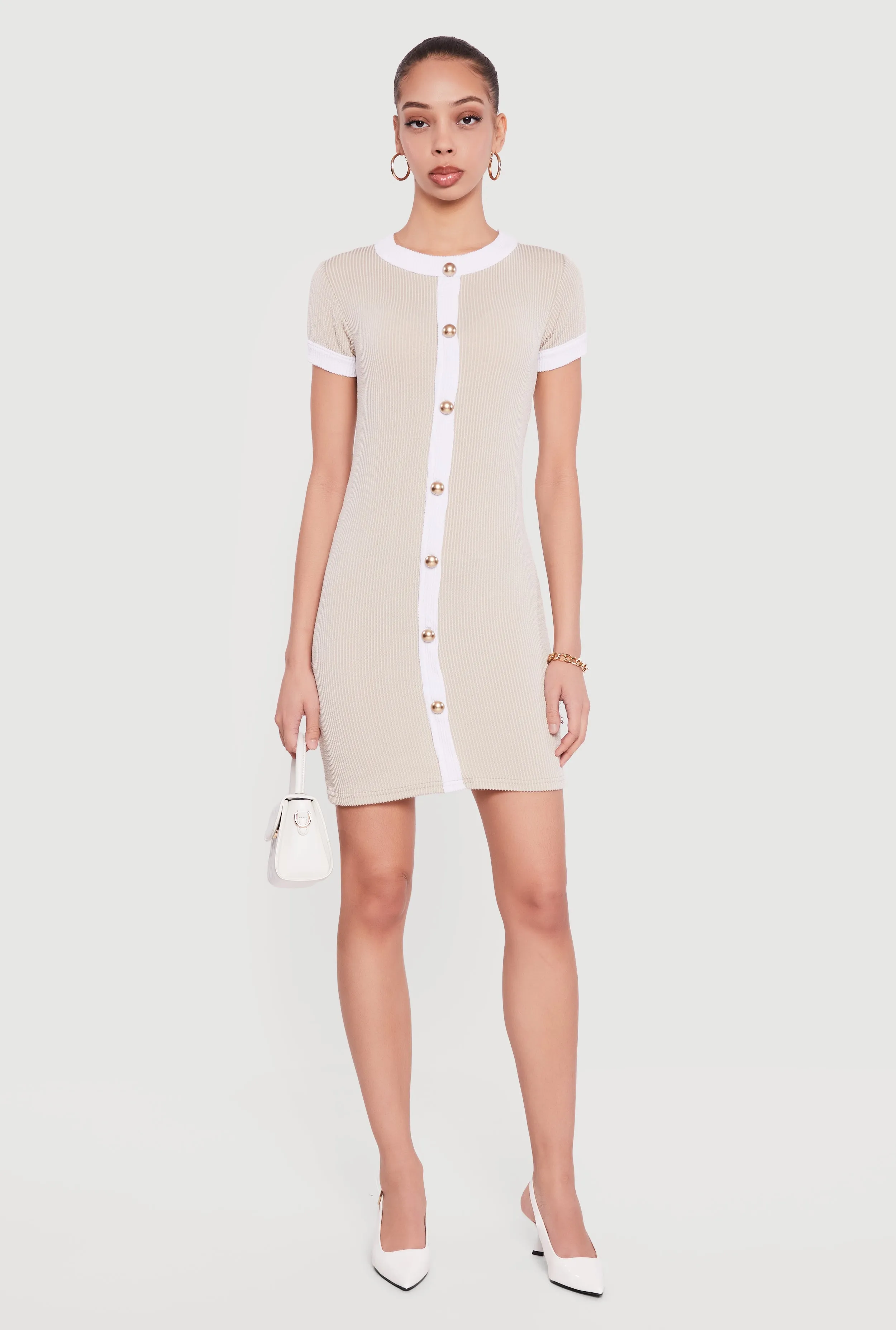 Contrast Trim Ribbed Knit Mini Dress with Faux Buttons sold by Rainbow