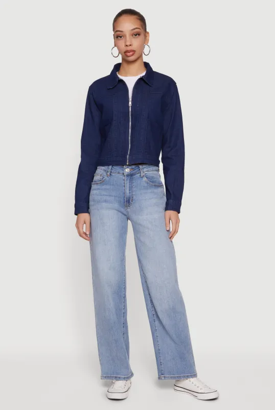 Denim Long Sleeve Collared Zip Front Jacket sold by Rainbow