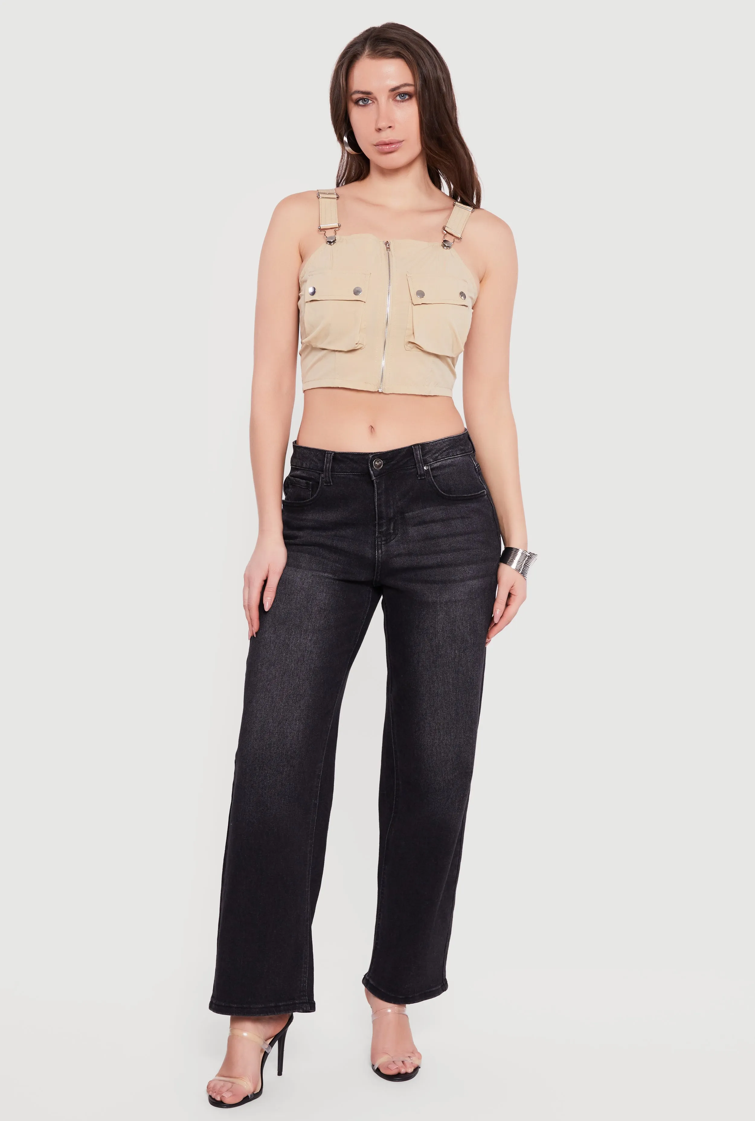 Zip Front Utility Overall Crop Top sold by Rainbow