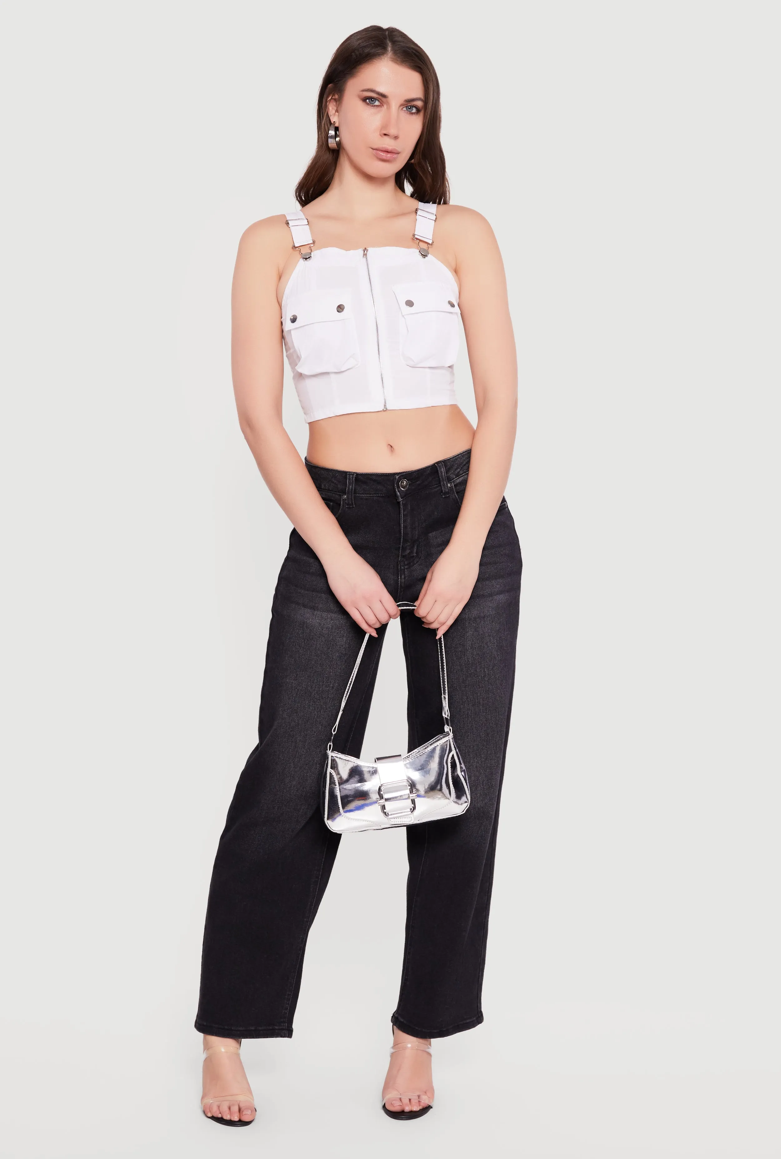Zip Front Utility Overall Crop Top sold by Rainbow