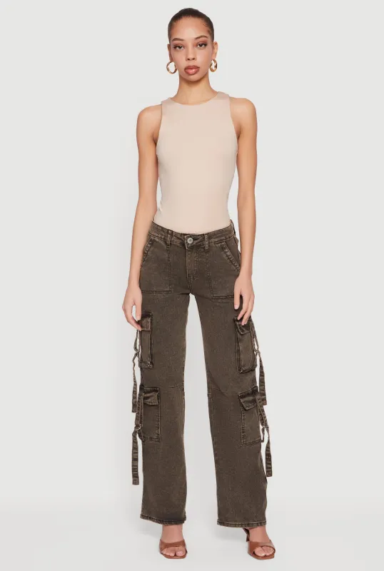 Acid Wash Cargo Pocket Straight Leg Jeans sold by Rainbow