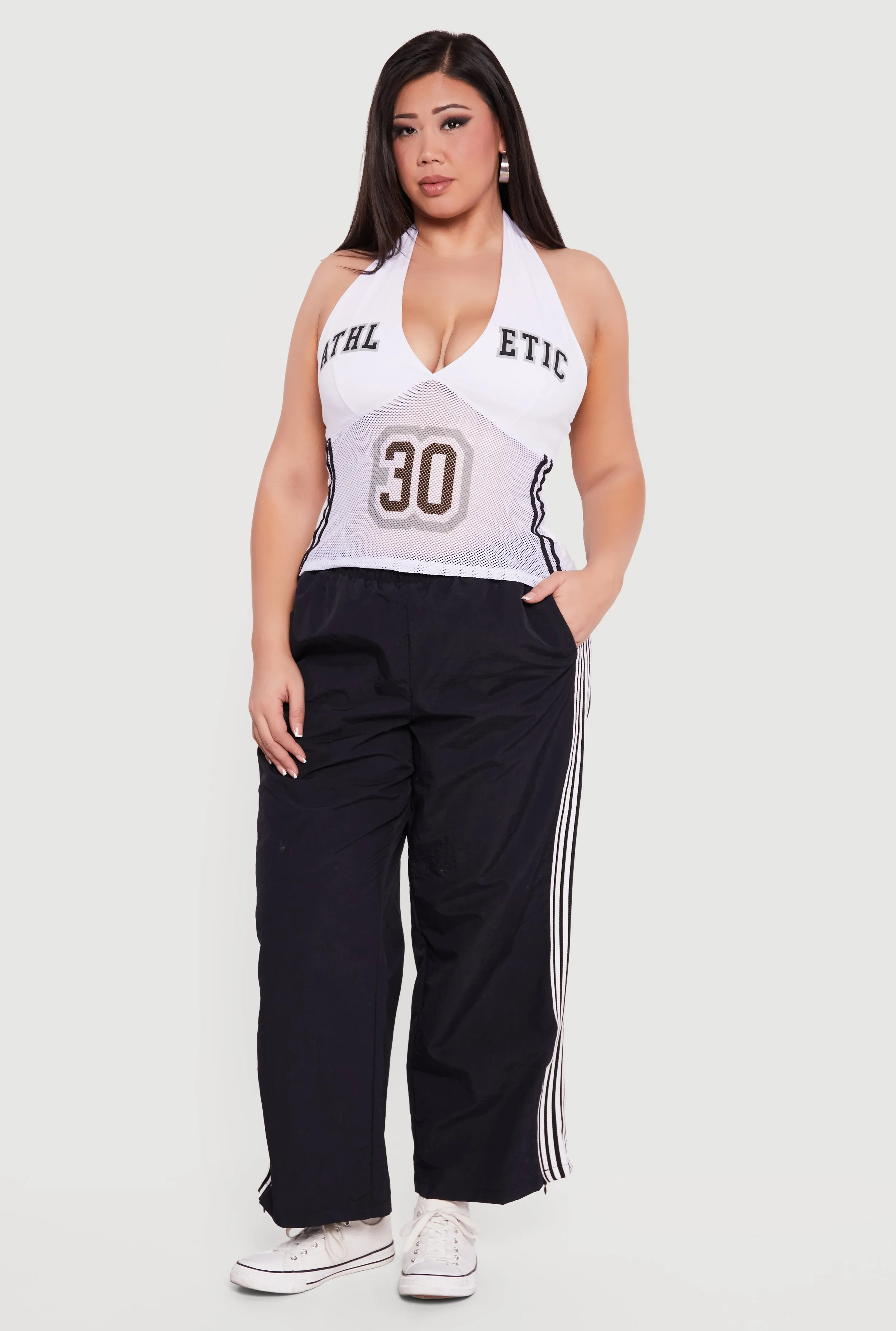 Plus Size Graphic Varsity Halter Top sold by Rainbow