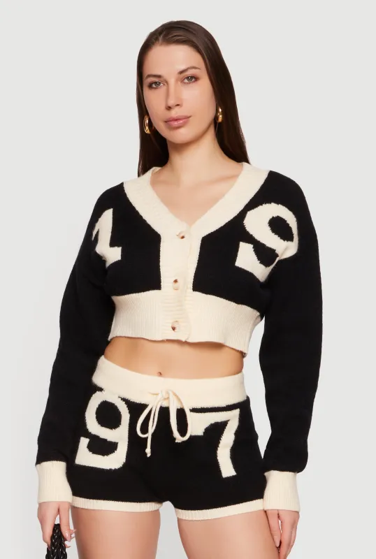 Cropped 19 Graphic Button Front Cardigan sold by Rainbow