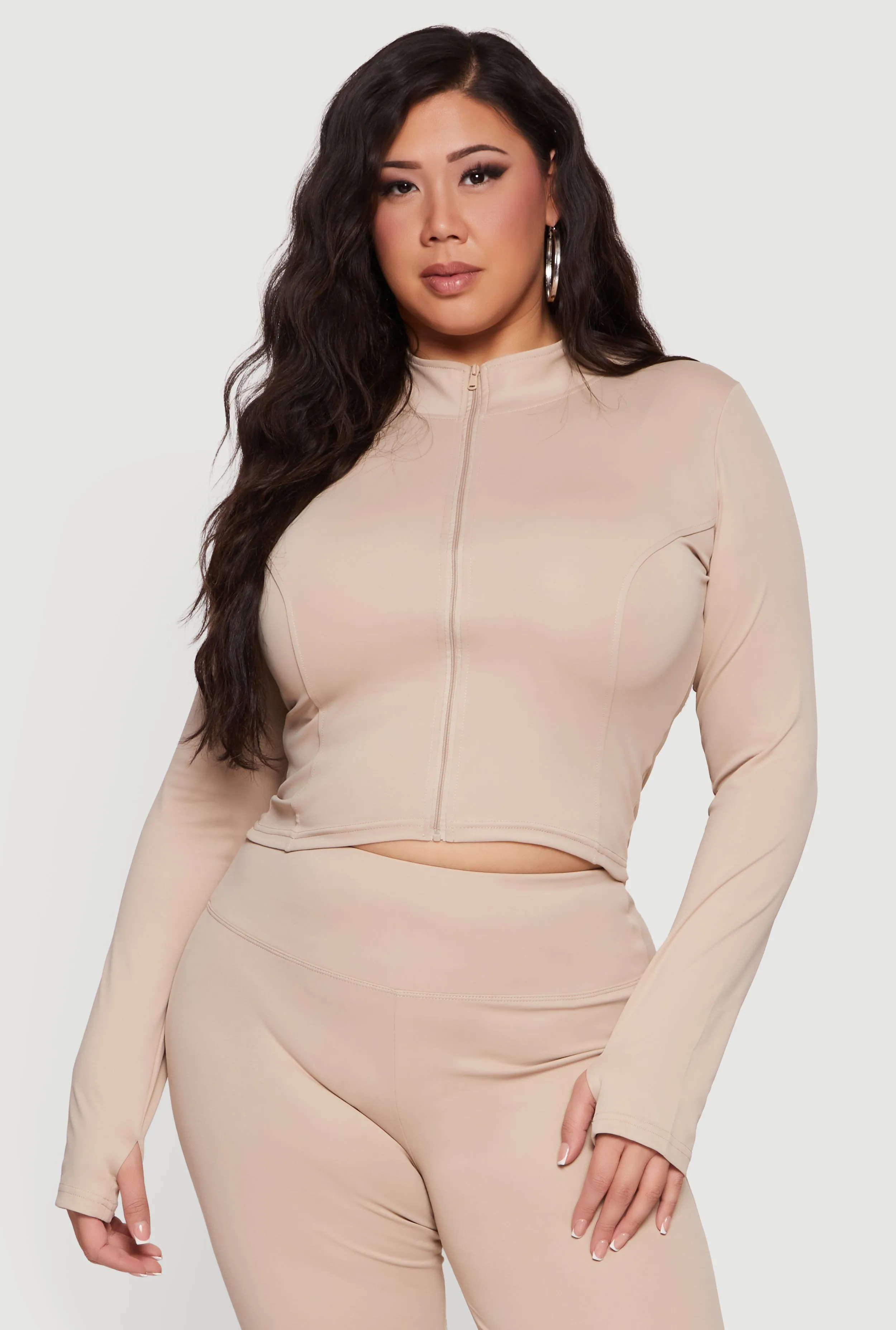 Plus Size Zip Front Mock Neck Active Jacket with Thumb Holes sold by Rainbow