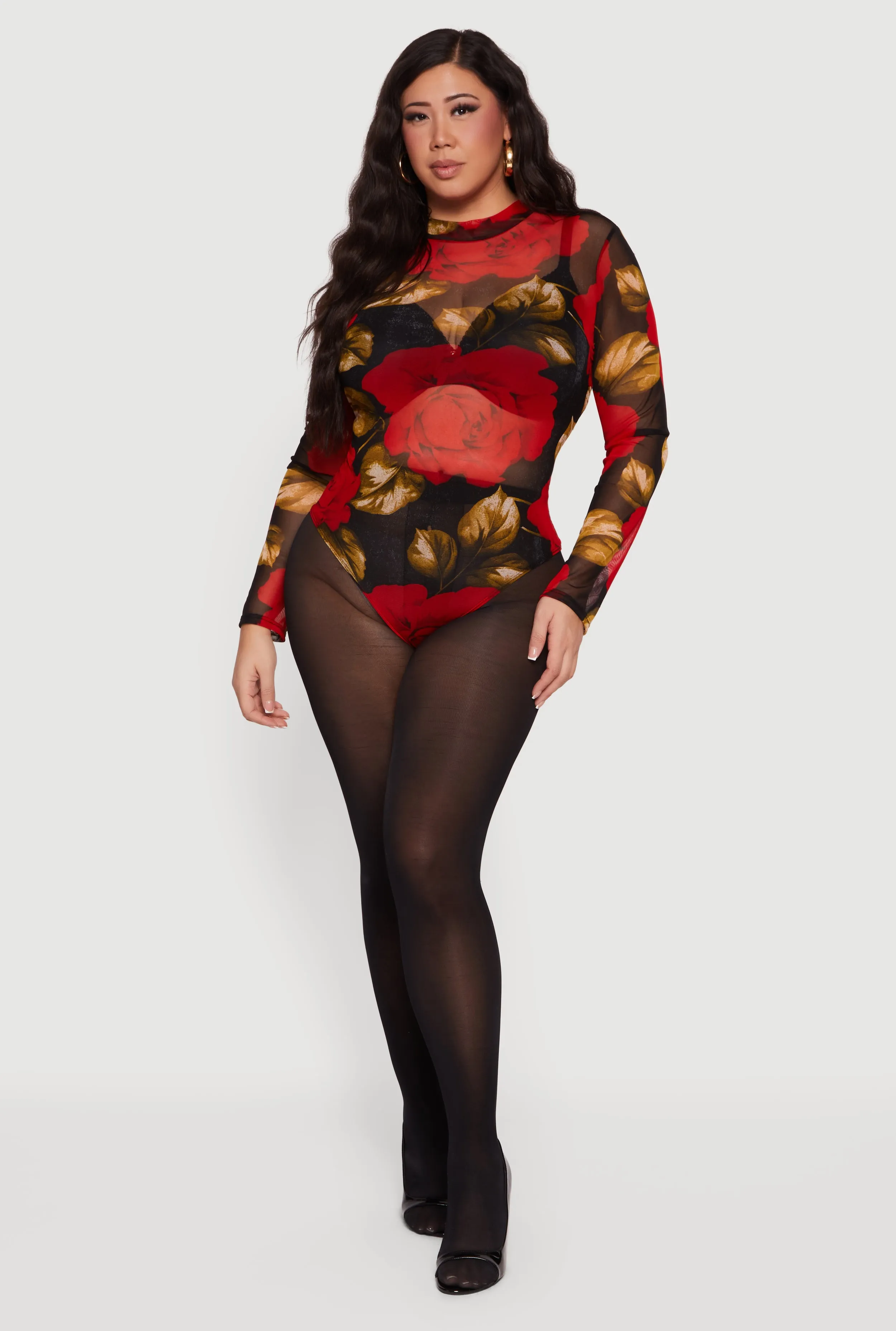 Plus Size Patterned Mesh Long Sleeve Bodysuit sold by Rainbow