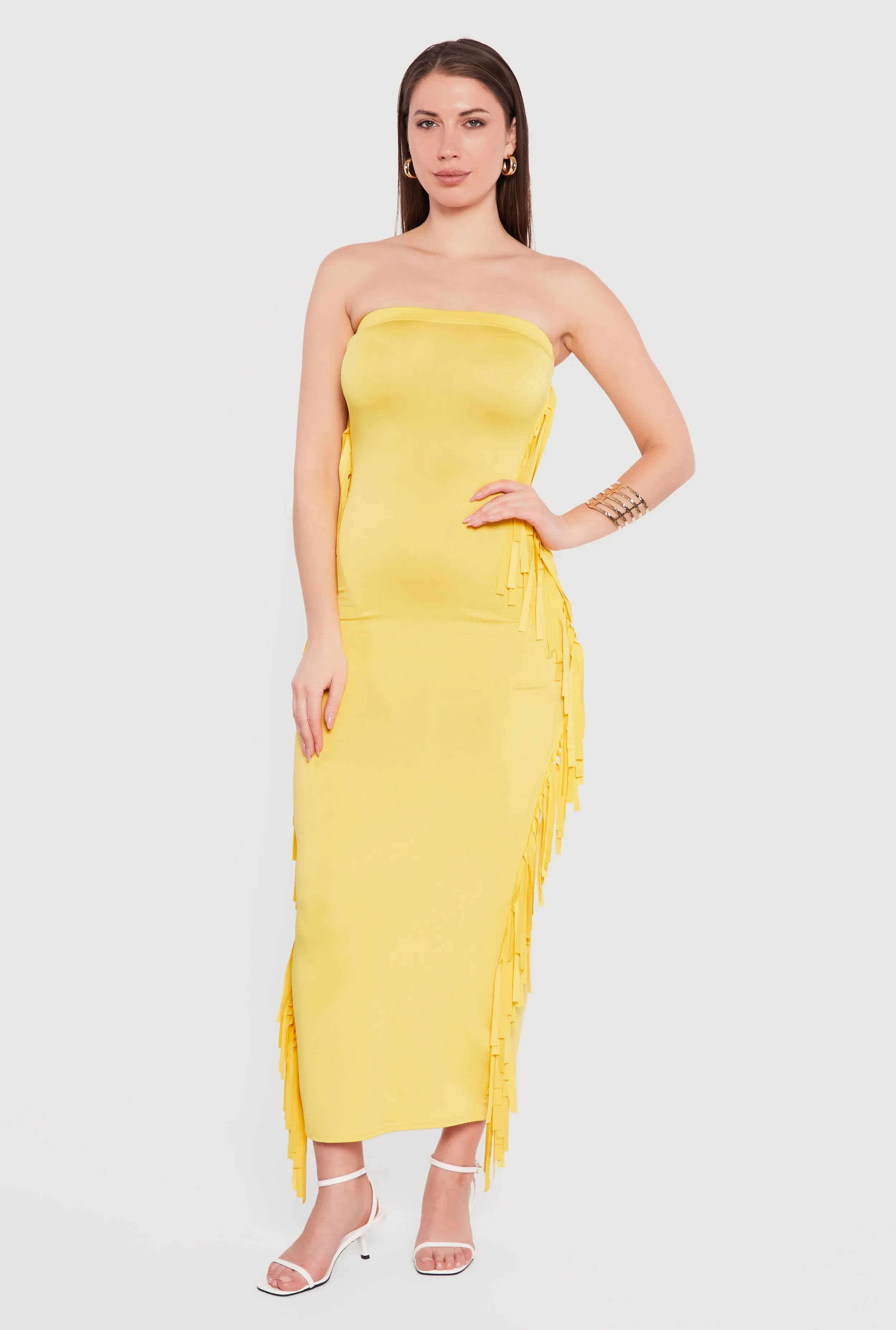 Fringe Side Slit Back Maxi Tube Dress sold by Rainbow