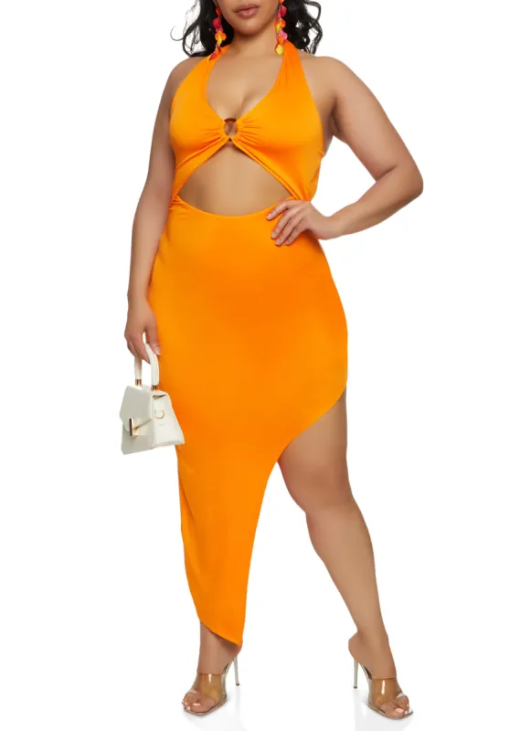 Plus Size Almost Famous O Ring Halter Asymmetrical Maxi Dress sold by Rainbow