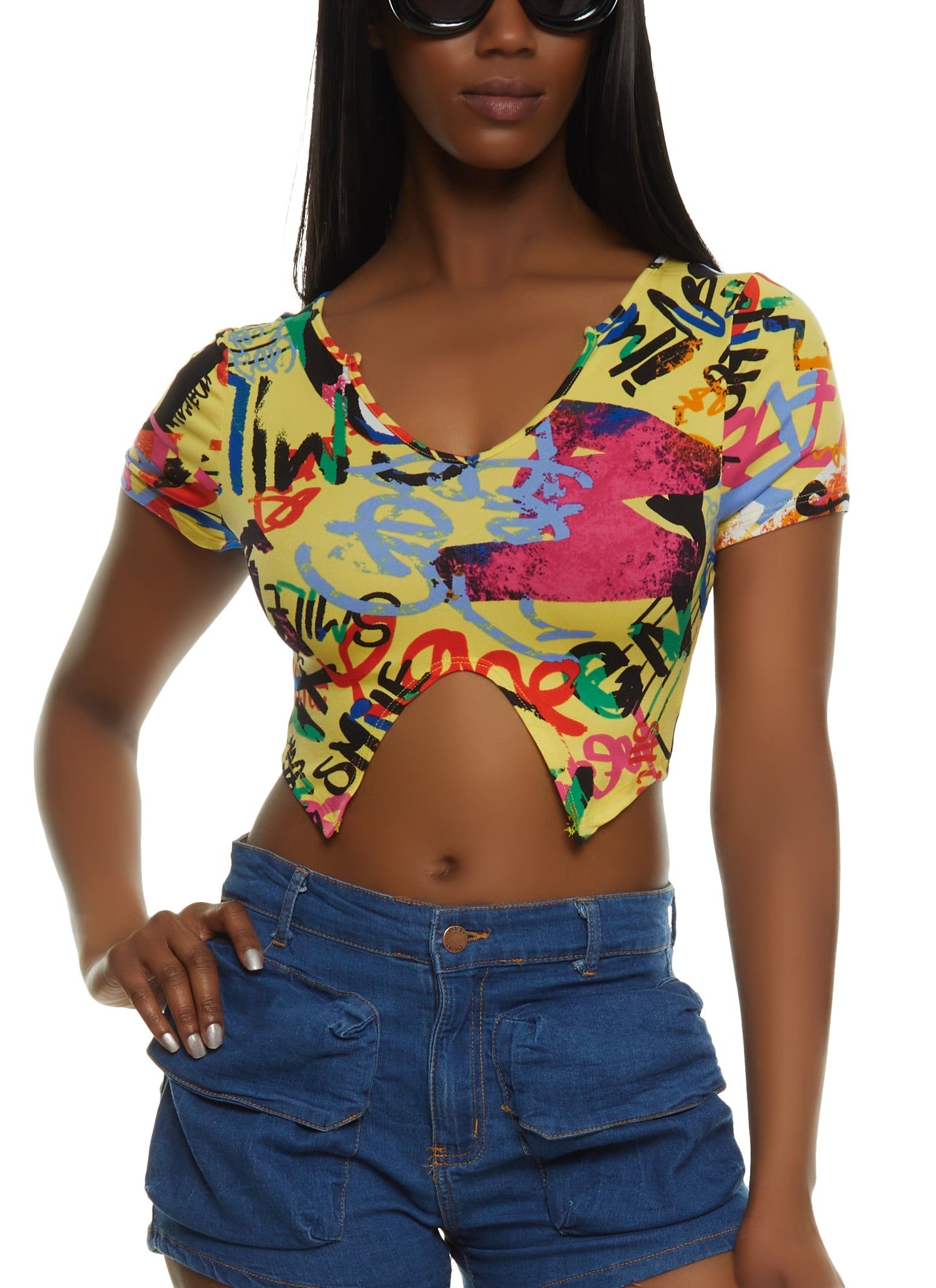 Graffiti Print Cut Out Crop Top sold by Rainbow
