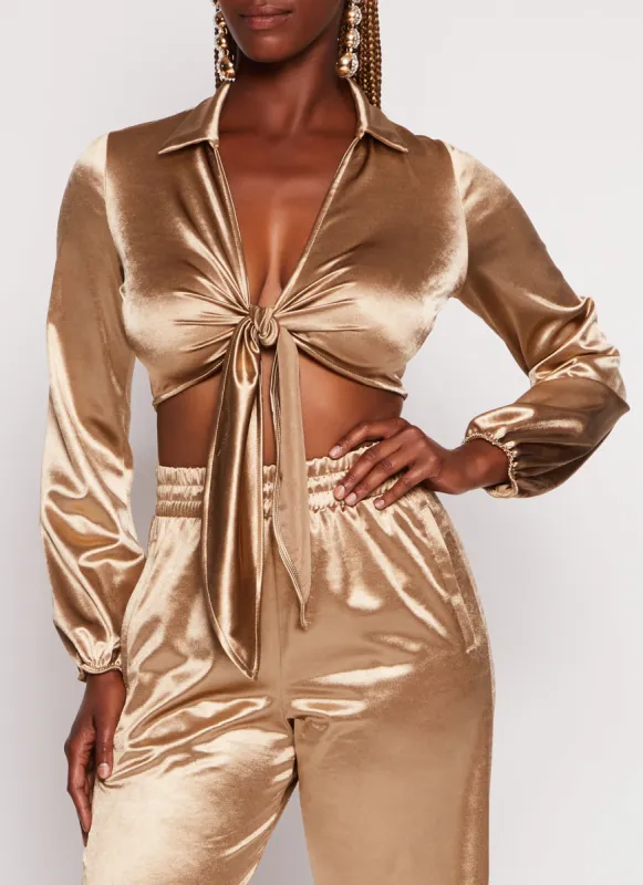 Satin Tie Front Long Sleeve Crop Top sold by Rainbow