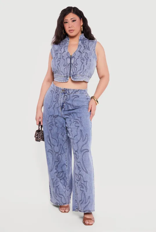 Plus Size Western Decorative Stitch High Waisted Jeans sold by Rainbow