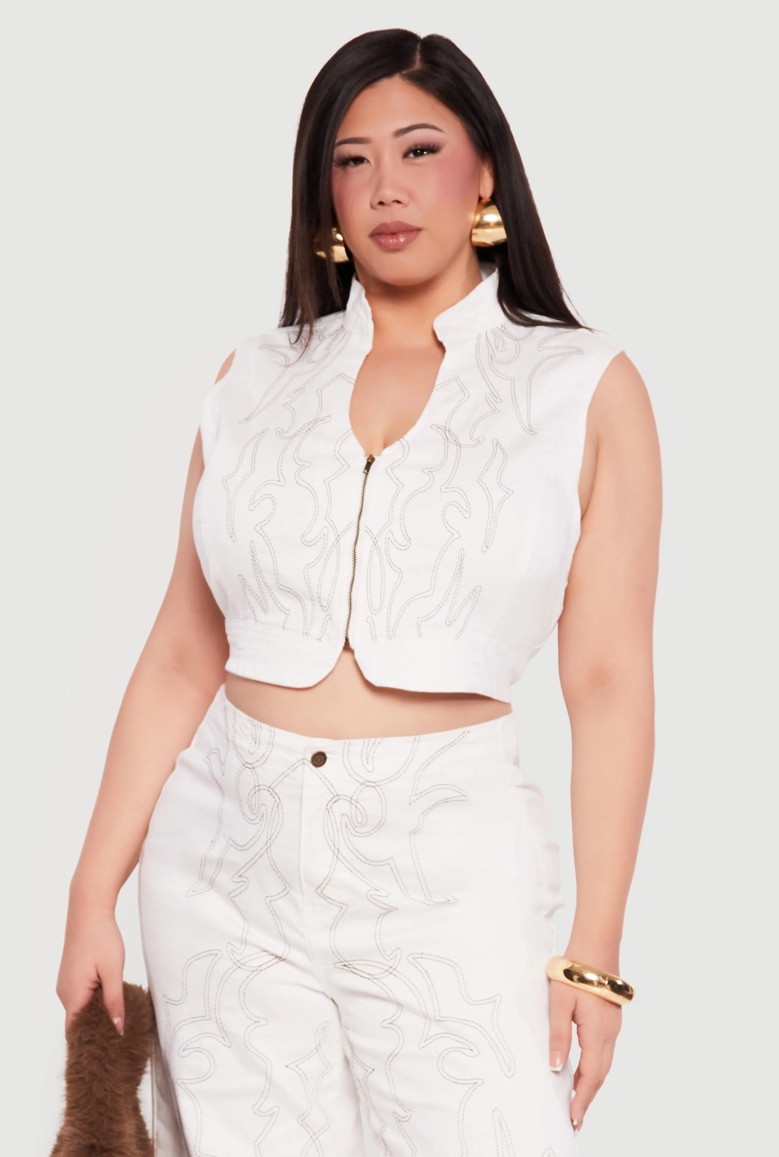 Plus Size Western Decorative Stitch Zip Front Denim Vest sold by Rainbow product image thumbnail 2