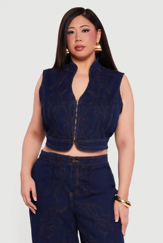 Plus Size Western Decorative Stitch Zip Front Denim Vest sold by Rainbow