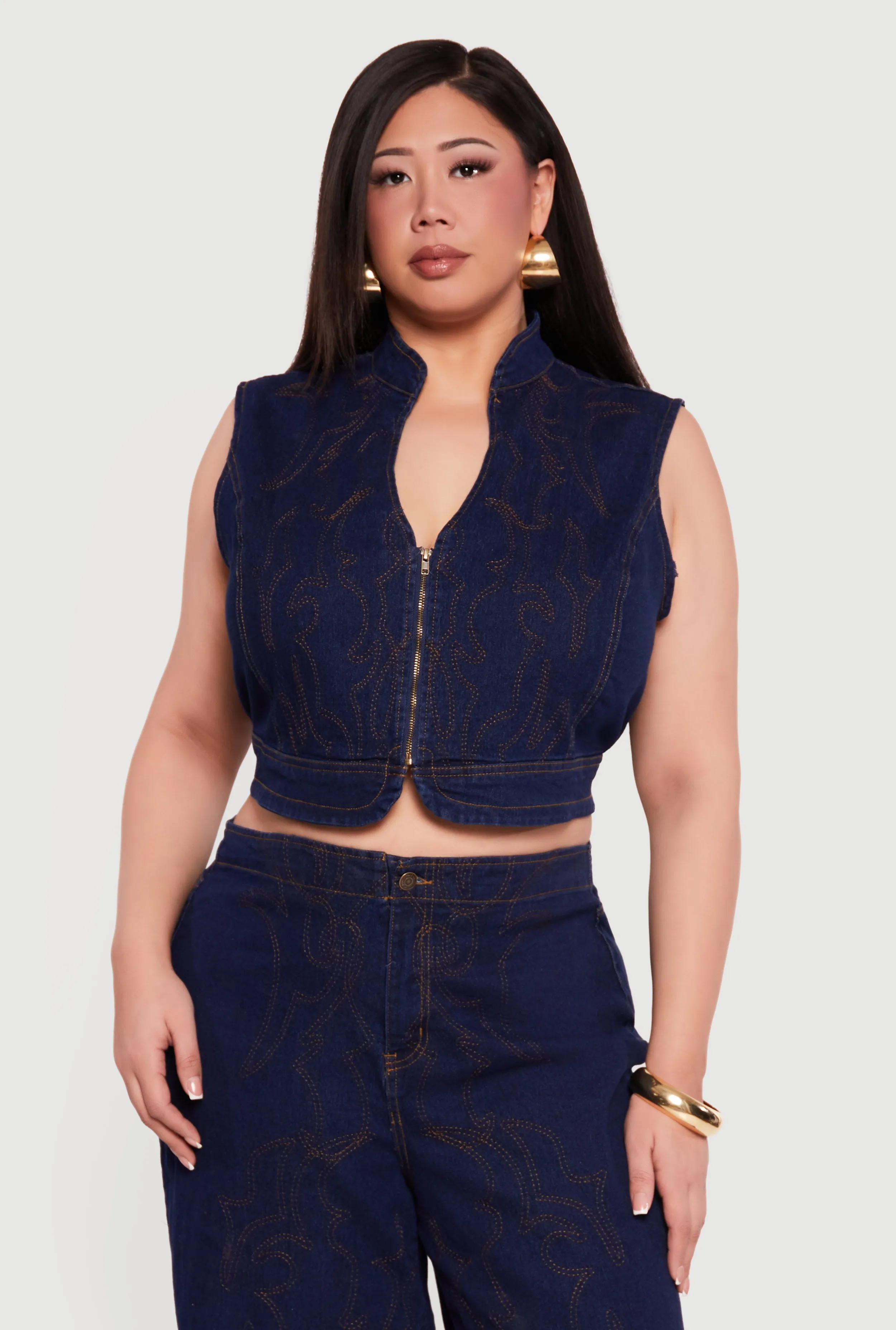 Plus Size Western Decorative Stitch Zip Front Denim Vest sold by Rainbow