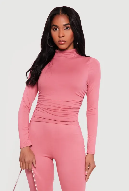 Soft Knit Ruched Side Long Sleeve Mock Neck Top made by Rainbow