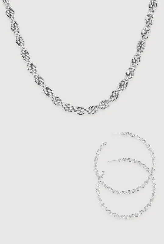 Twisted Rope Chain Necklace and Hoop Earrings sold by Rainbow