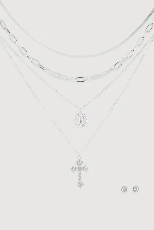 Cubic Zirconia Rosary Layered Chain Necklace and Stud Earrings sold by Rainbow