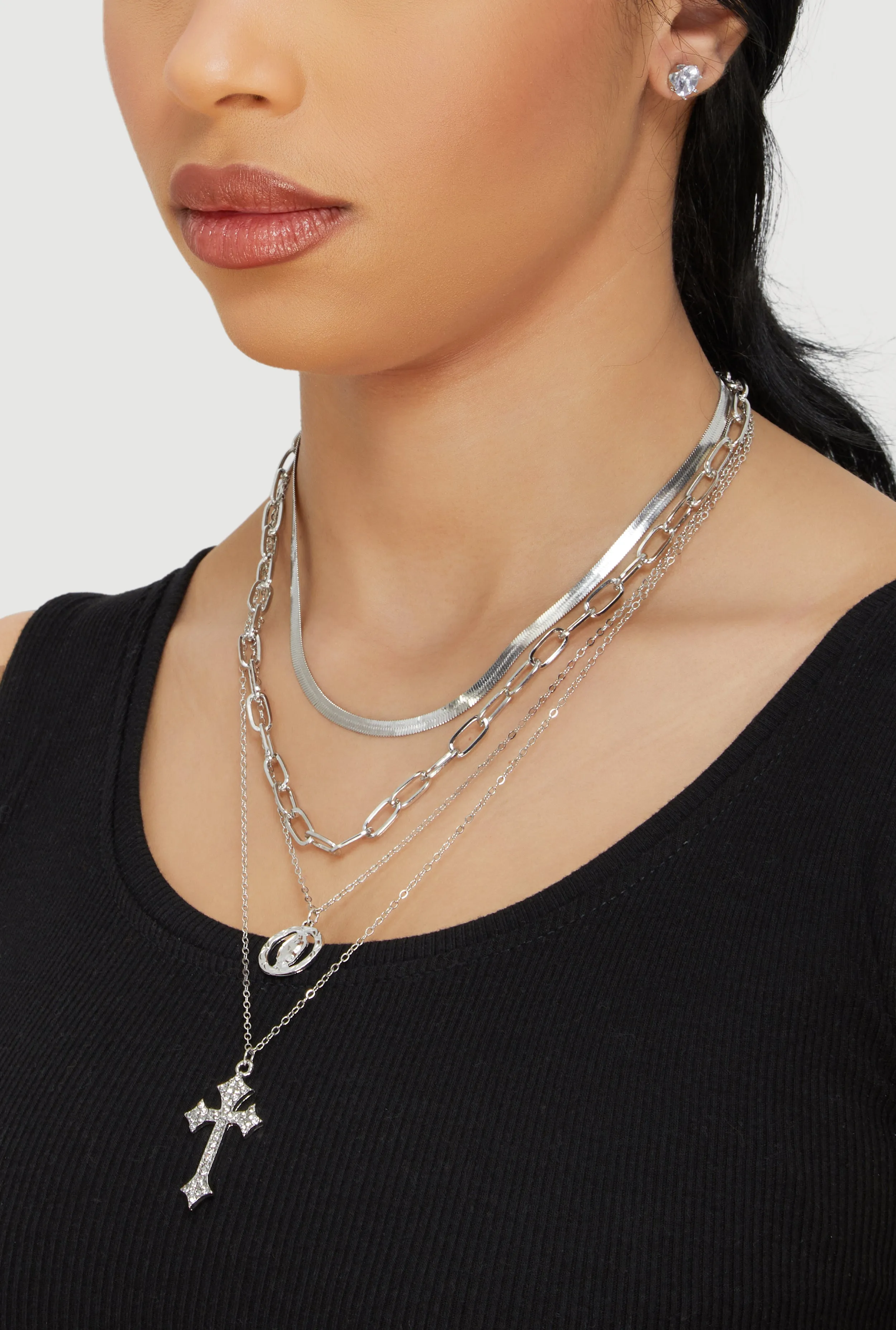 Cubic Zirconia Rosary Layered Chain Necklace and Stud Earrings sold by Rainbow product image thumbnail 2