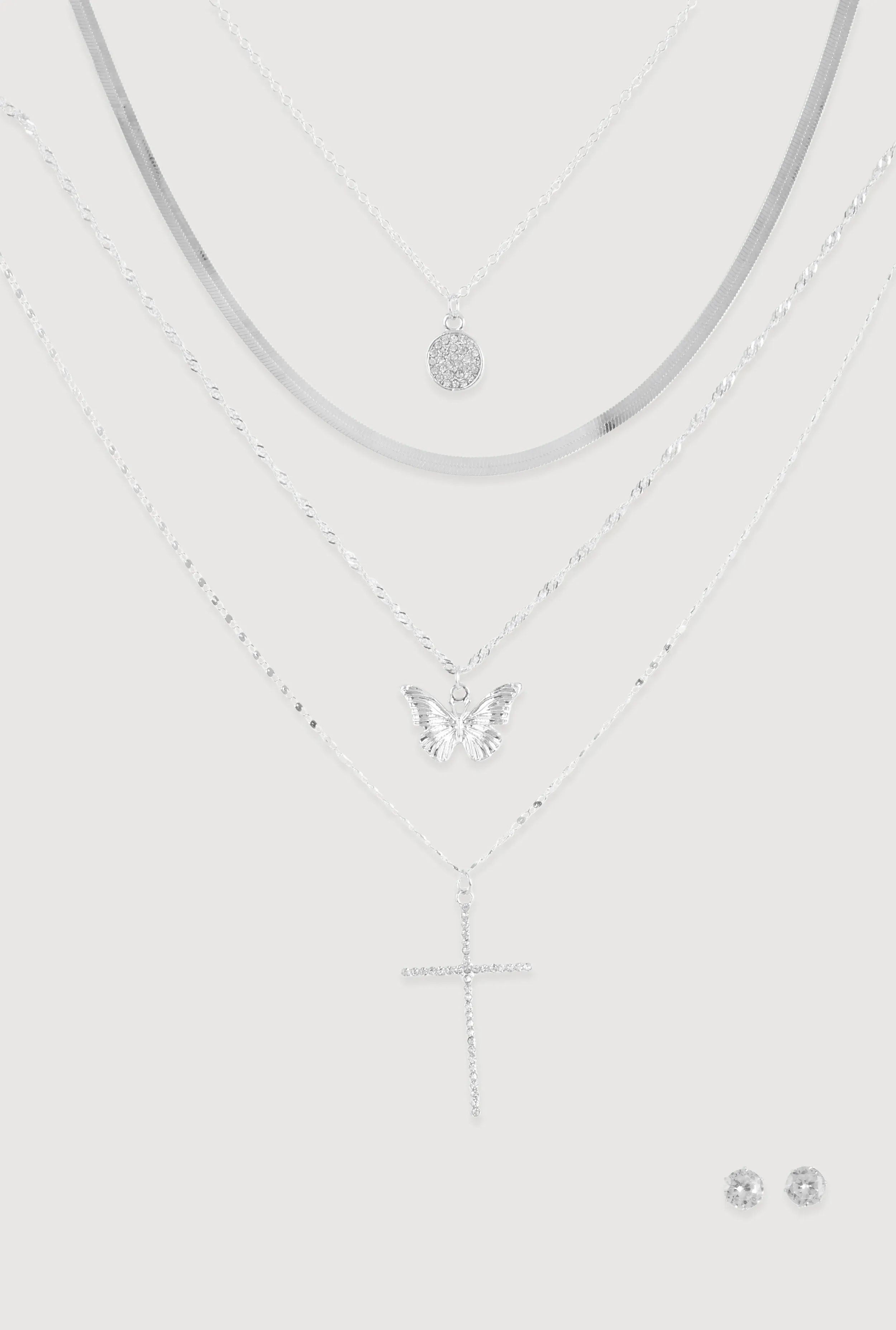 Cubic Zirconia Butterfly Cross Layered Necklace and Stud Earrings sold by Rainbow