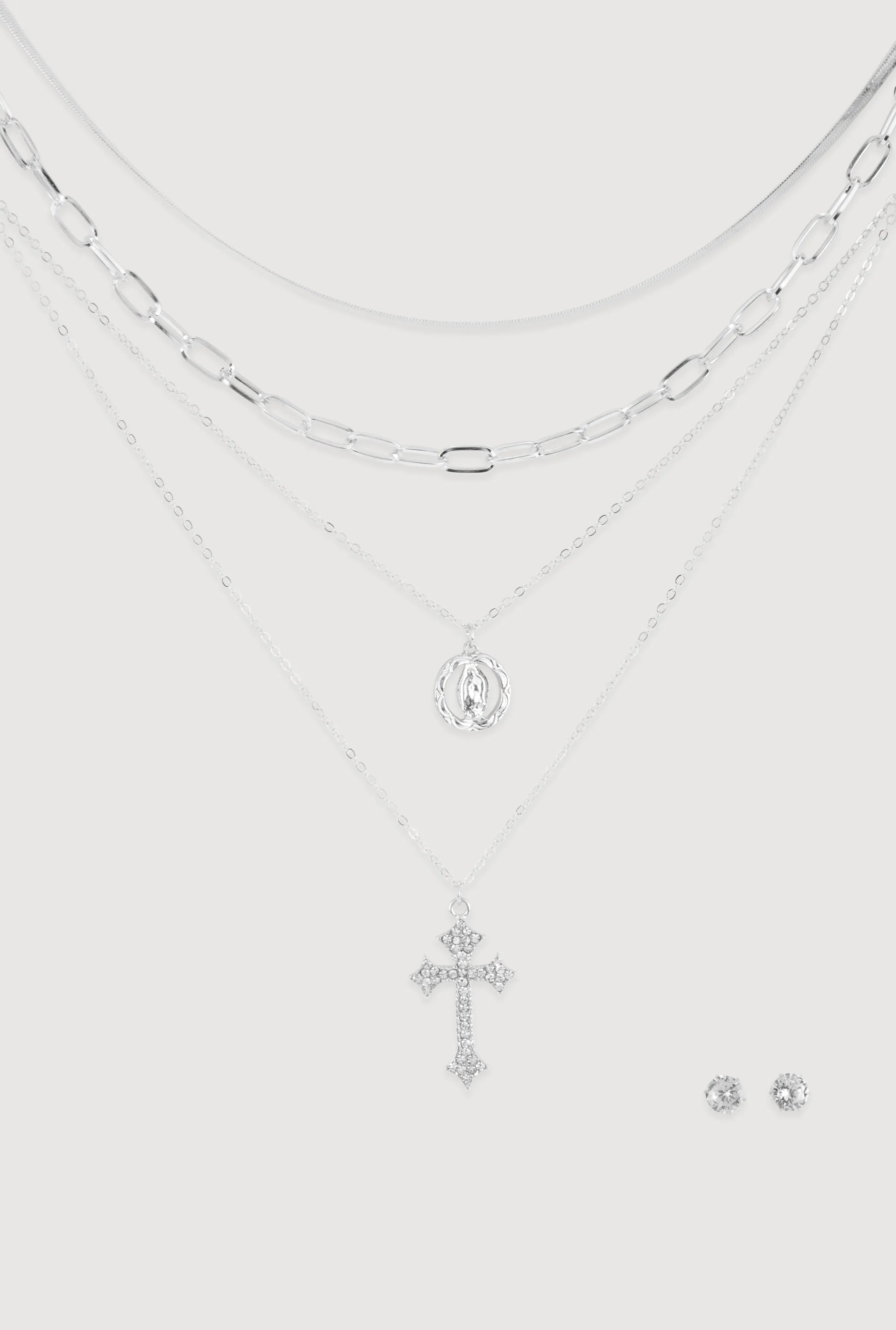 Cubic Zirconia Rosary Layered Chain Necklace and Stud Earrings sold by Rainbow
