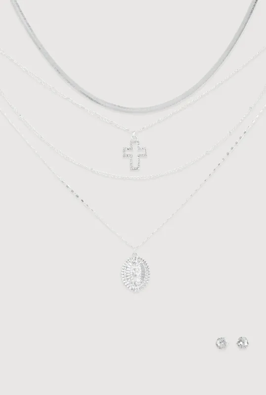 Cubic Zirconia Cross Layered Necklace and Stud Earrings Set sold by Rainbow