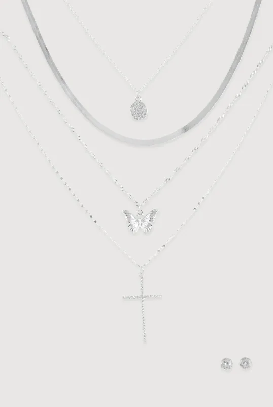 Cubic Zirconia Butterfly Cross Layered Necklace and Stud Earrings sold by Rainbow